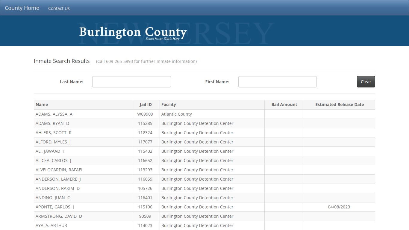 Inmate Search Results - County of Burlington